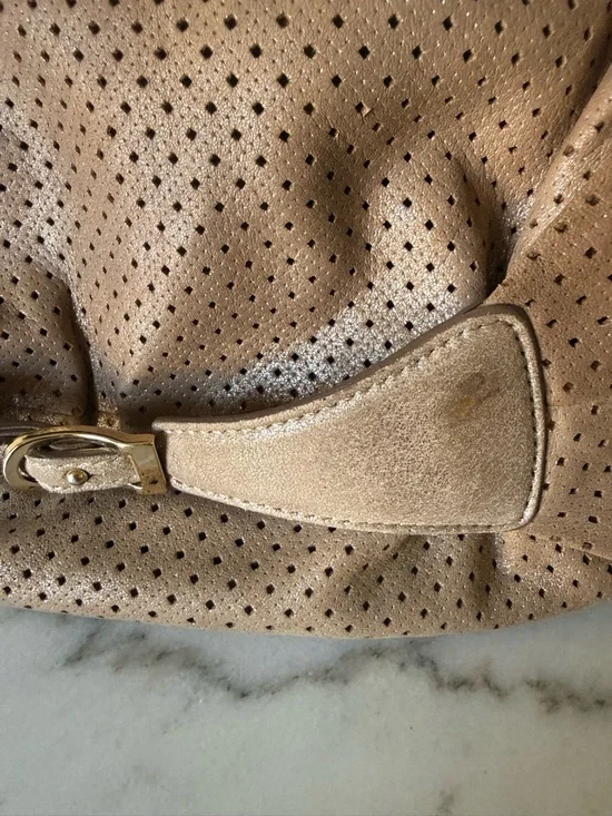 Jimmy Choo Bardia Perforated Shimmer Suede Buckle Strap Hobo Shoulder Bag - Picture 11 of 14